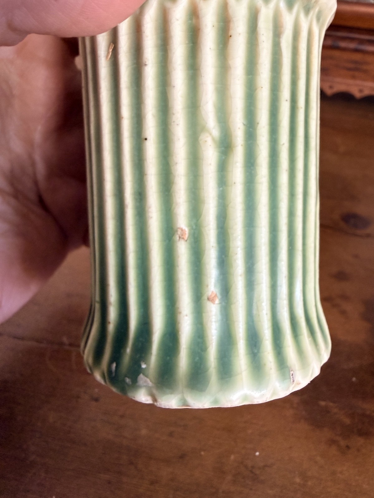 Pair Antique Roseville Donatello Cherub Bud Vases Green Art Pottery 1916