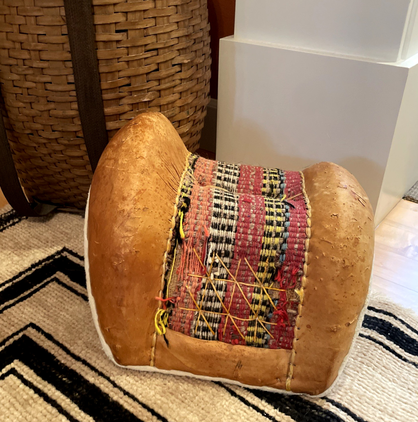 VTG North African Leather Donkey Saddle Woven Textile Tunisia