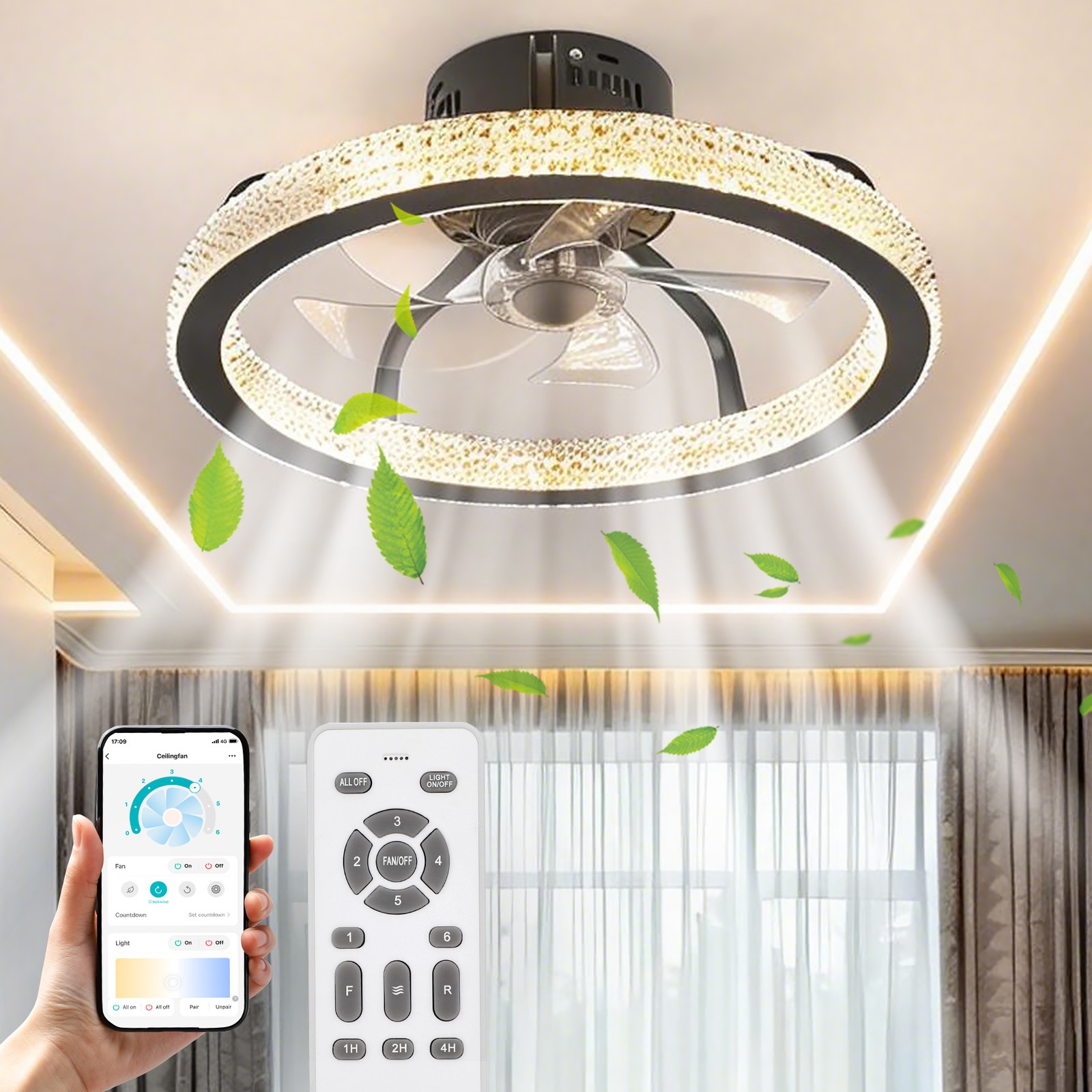 TCFUNDY Flush Mount LED Ceiling Fan with Light APP Control w/ Bluetooth Speaker