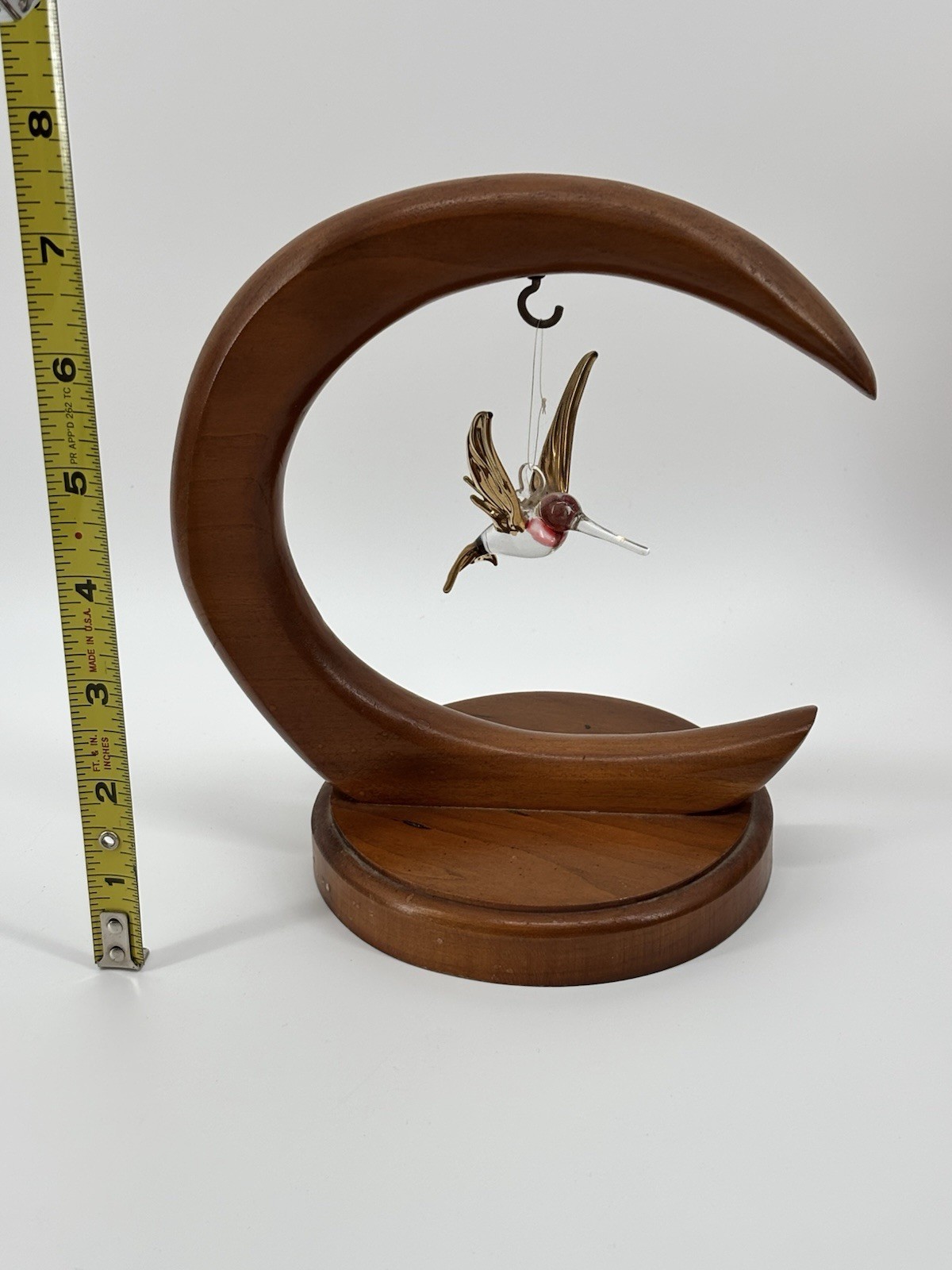 Vtg Wood Crescent Stand With Glass Hummingbird Moon Ornament Display Holder 7"