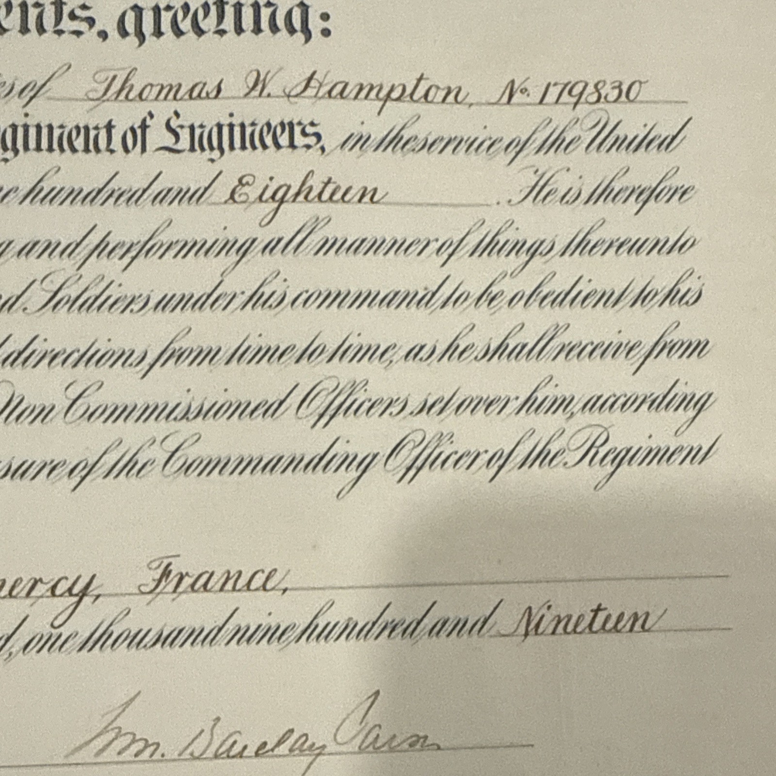 WWI 1918 11th Regiment of Engineers AEF U.S. Army Certificate Service Hampton