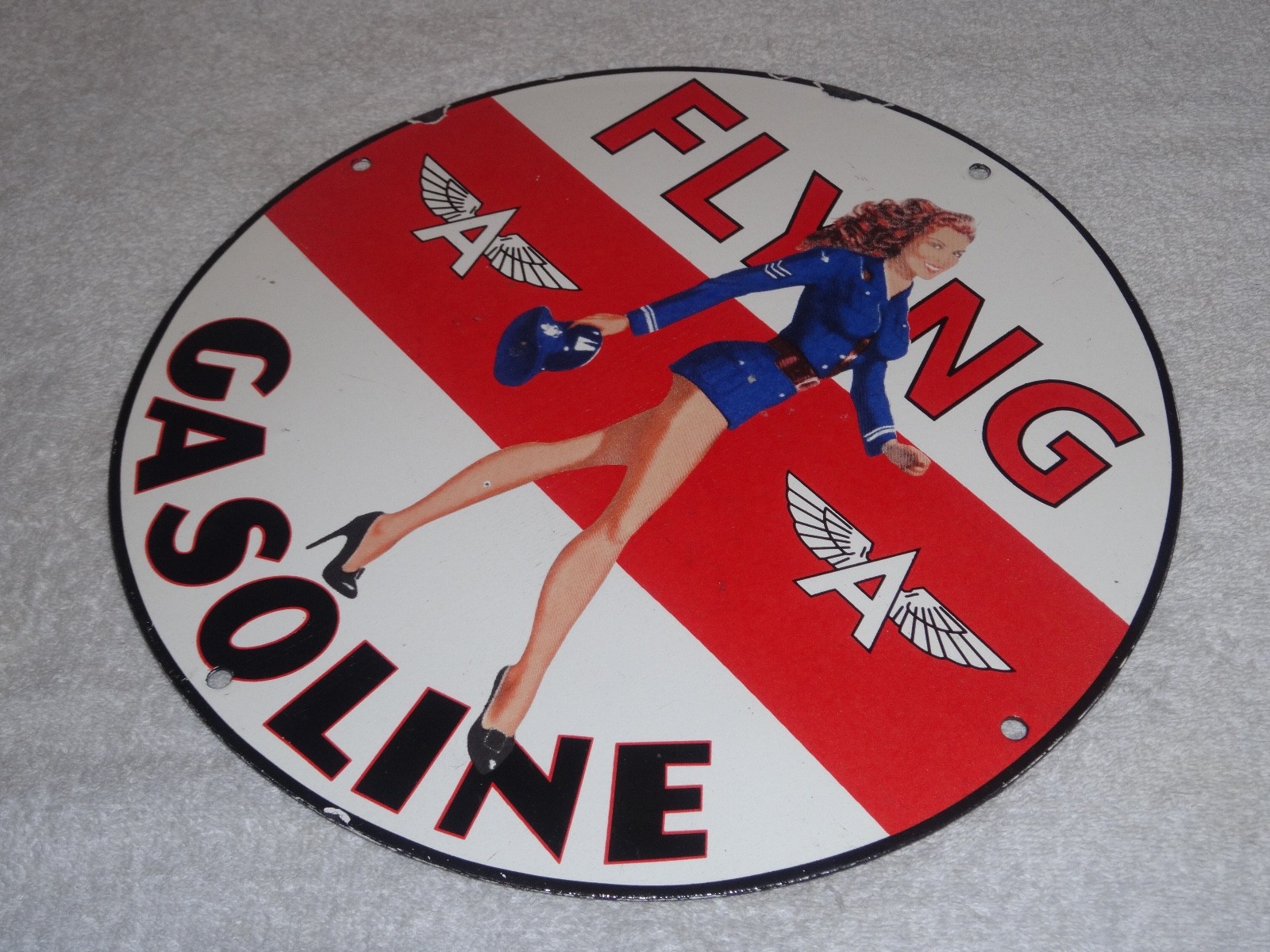 VINTAGE FLYING A AIRPLANE STEWARDESS WOMAN 11 3/4" PORCELAIN METAL GASOLINE SIGN