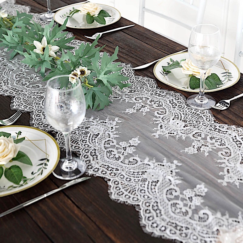 WHITE 15" x 117" Premium Lace TABLE RUNNER Scalloped edges Party Decorations