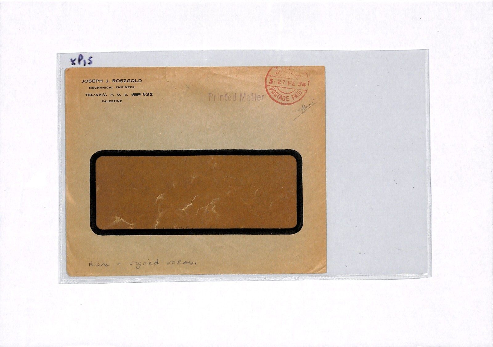 PALESTINE (Israel) Cover *TEL AVIV POSTAGE PAID* 1934 CDS Window E {Sorani}XP15