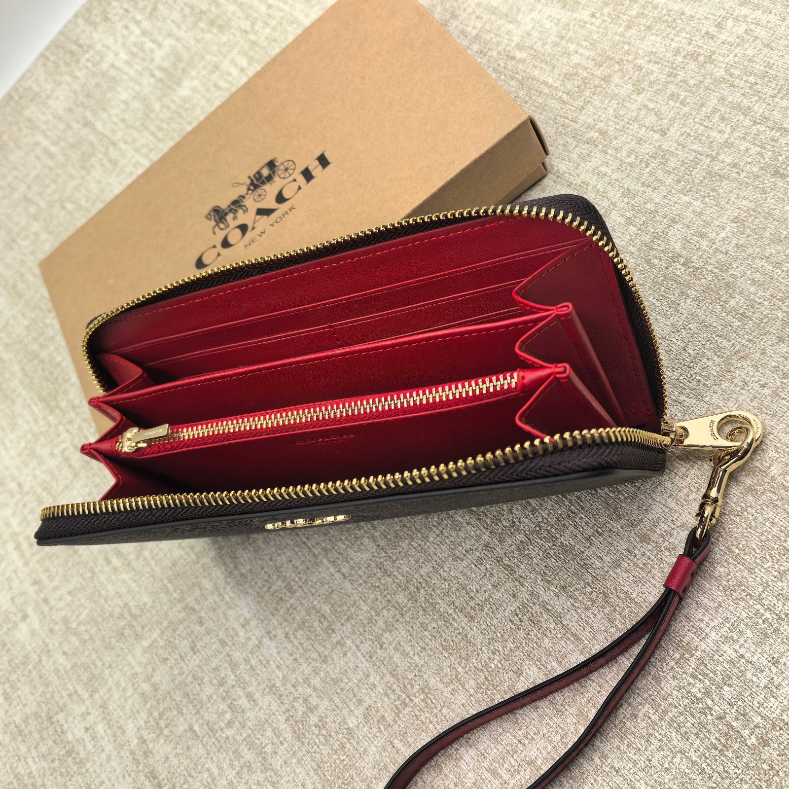 New Coach CW778 Long Zip Around Wallet in Signature Canvas Walnut and Bold Red