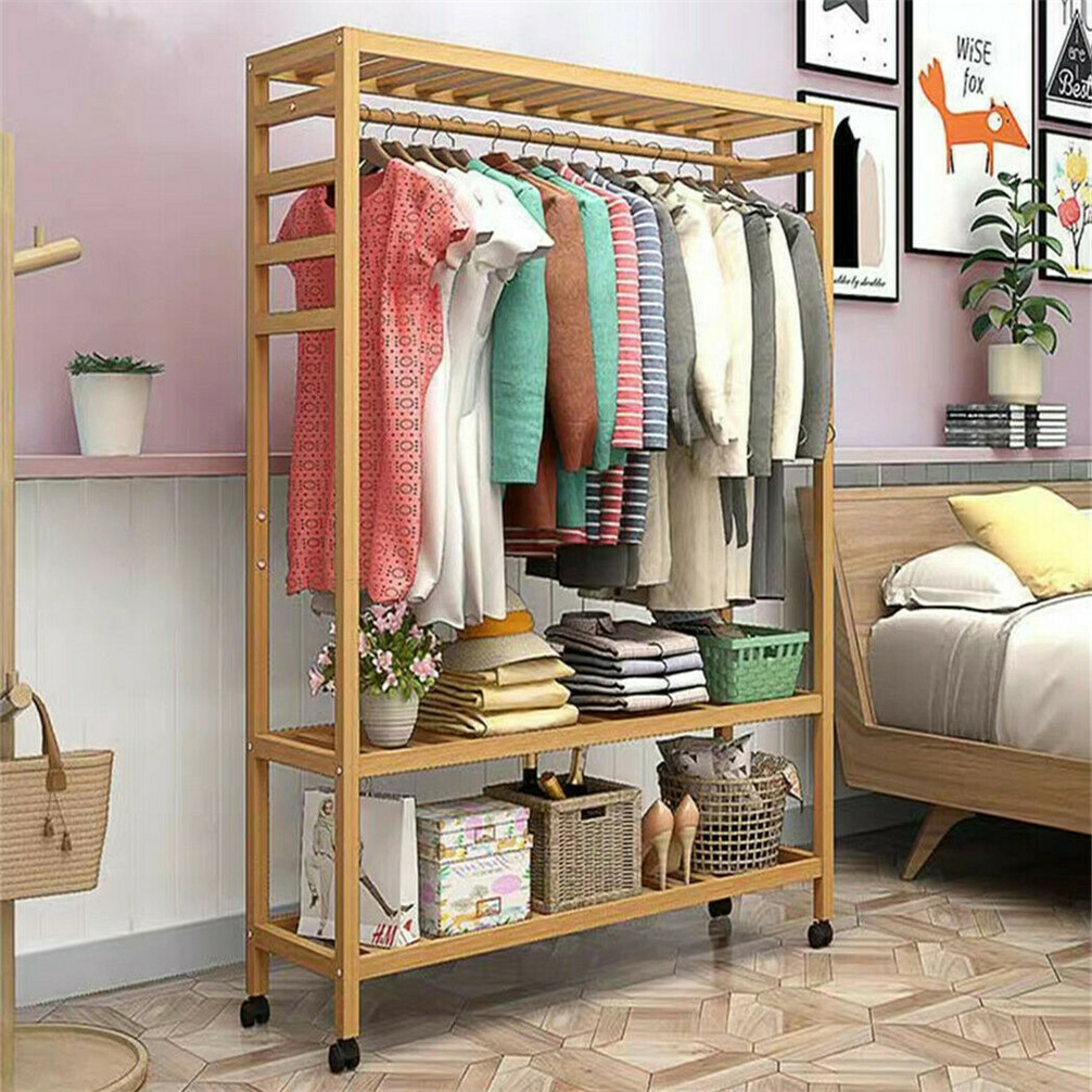 Bamboo Clothes Rail Rack Garment Storage Organizer Hanging Shelf On-Wheels DIY