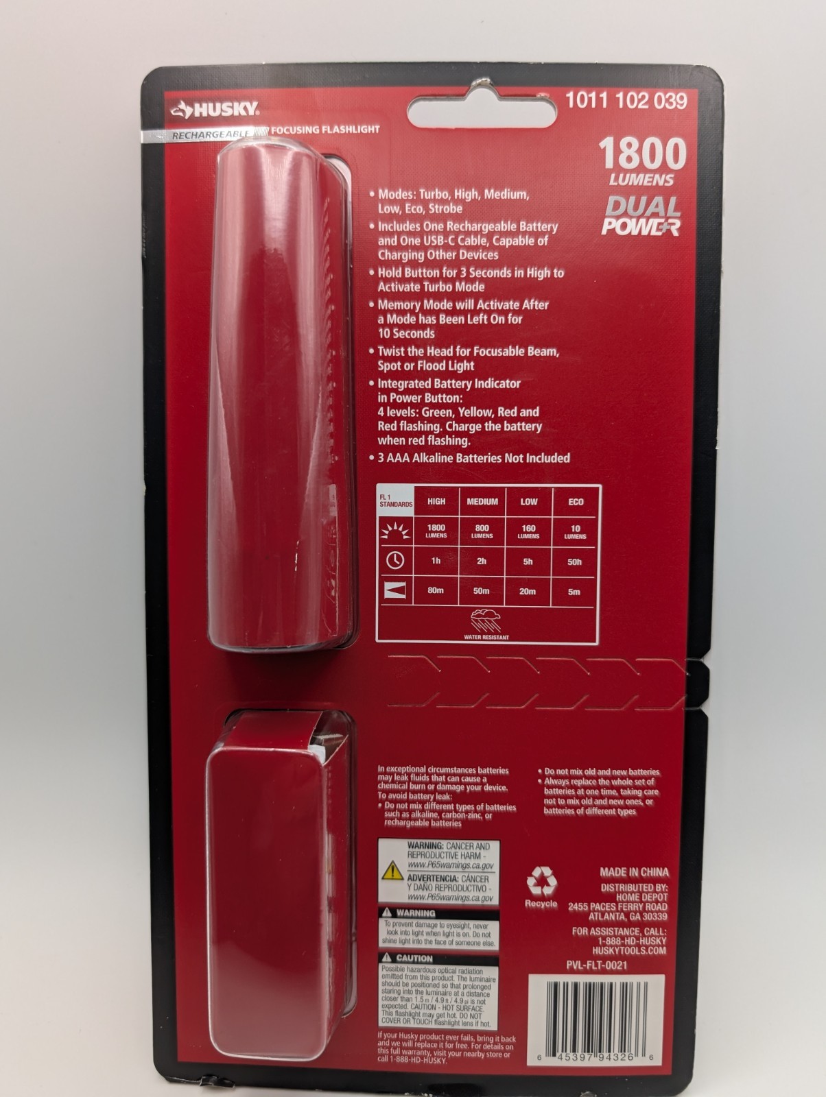 Husky 1800 Lumens Dual Power LED Rechargeable Tactical Focusing Flashlight