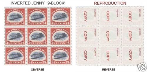 1918 INVERTED JENNY #C3a 9-BLOCK REPRODUCTION