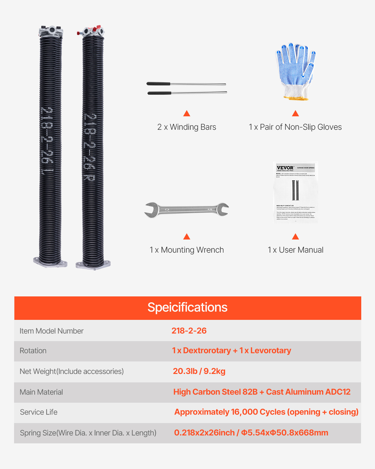 Garage Door Torsion Springs Pair of 0.218 x 2 x 26 inch with Winding Bars