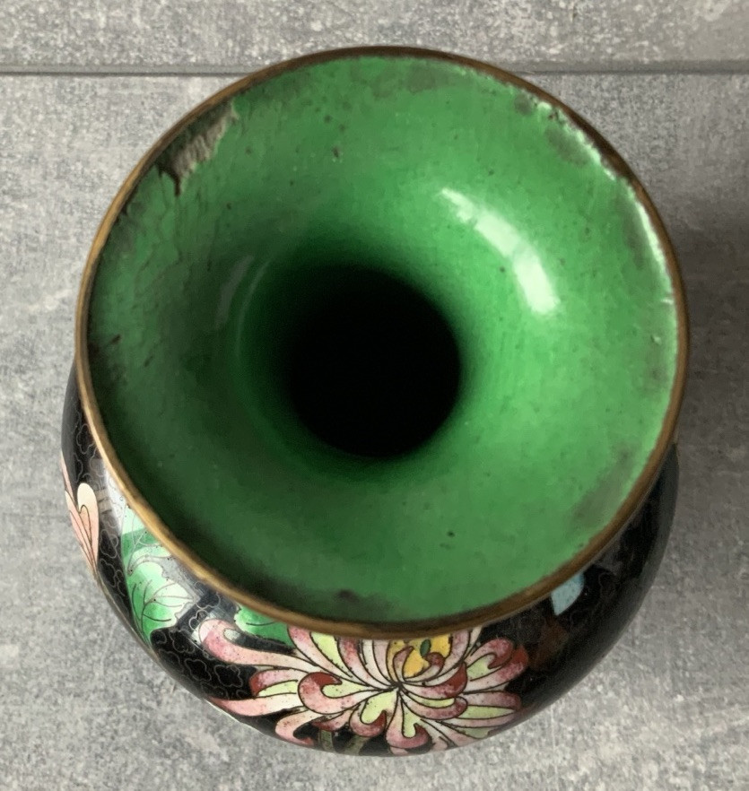 Lot Of 4 CLOISONNE Noir Enamel On Brass Variety Shapes Vases Vintage & Antique