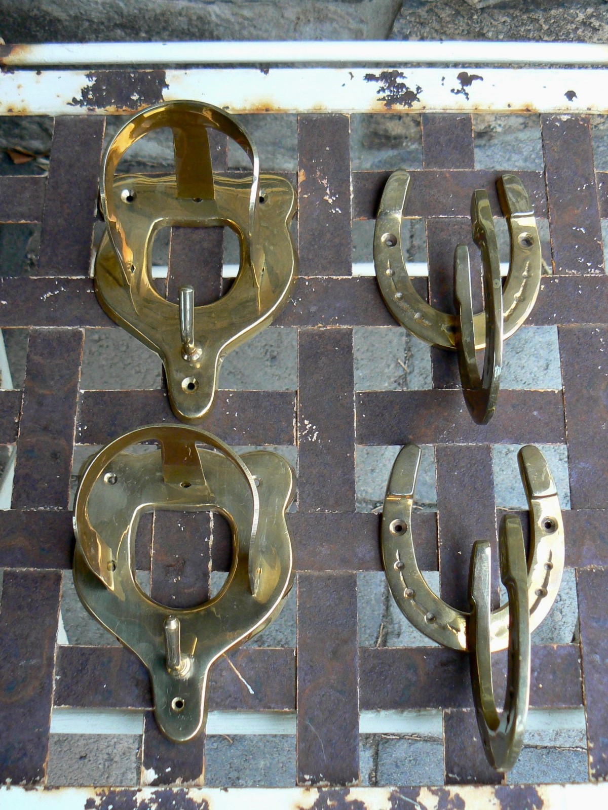 Two Pairs Vintage Brass Equestrian Tack Room Hooks for Bridle Halter Reins Leads
