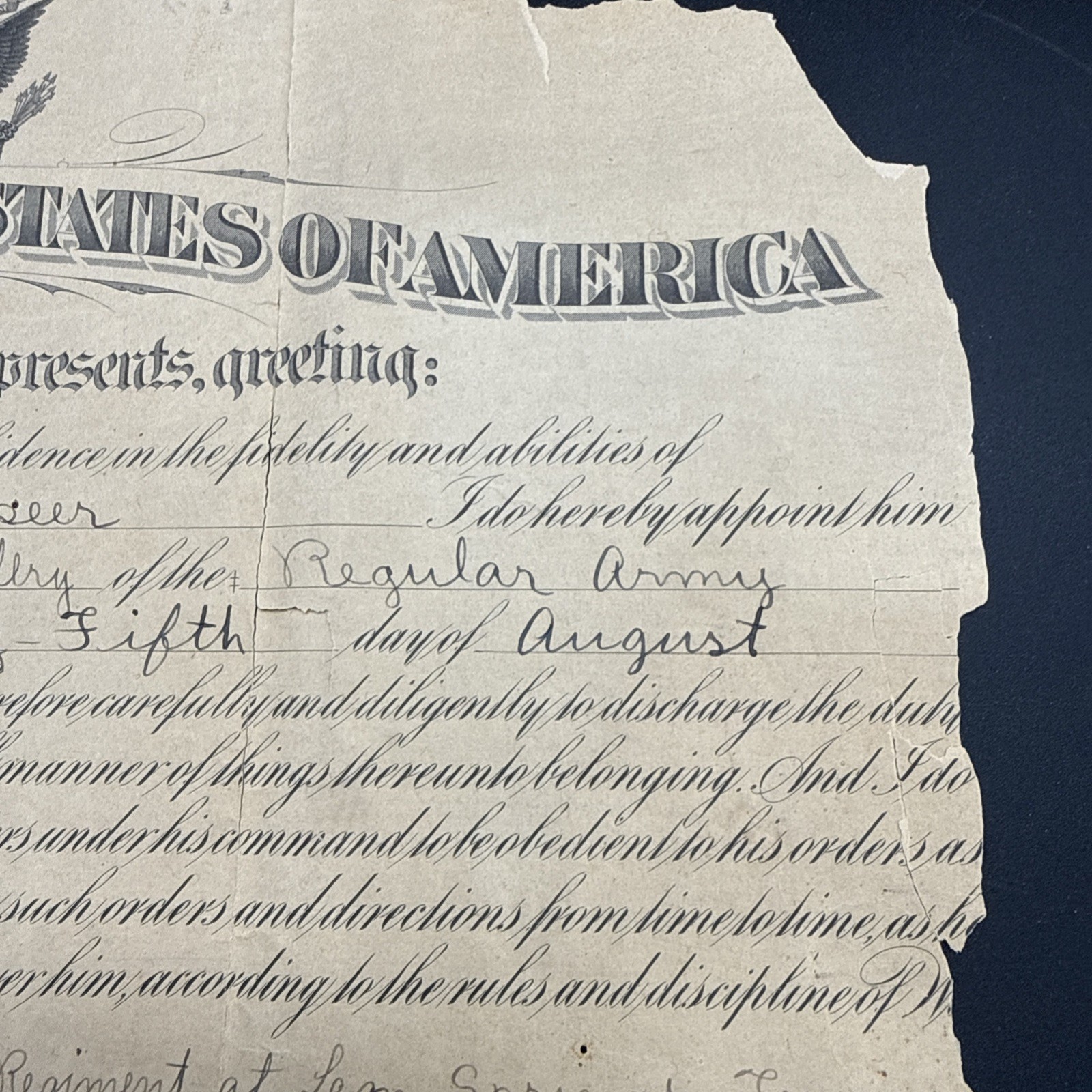 WWI 1917 5th Infantry Division 21st Field Artillery promotion certificate AEF