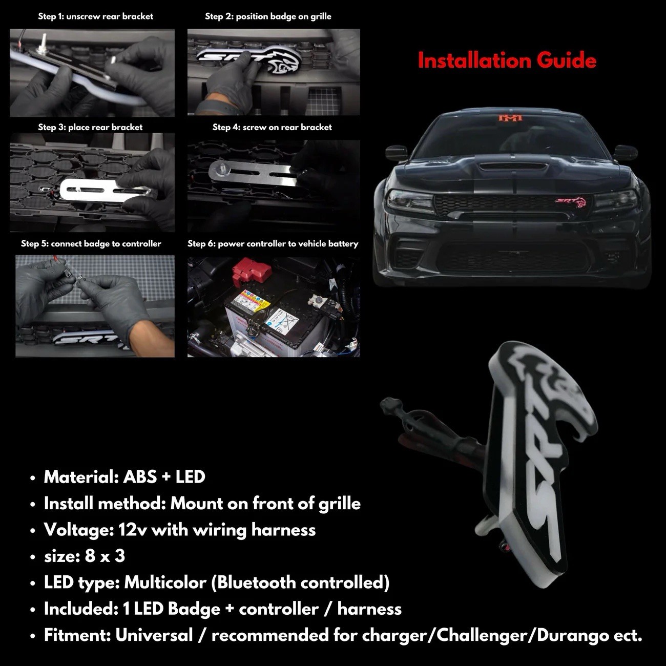 SRT Hellcat Front Grill Badge Emblem Led RGBw Bluetooth Controlled