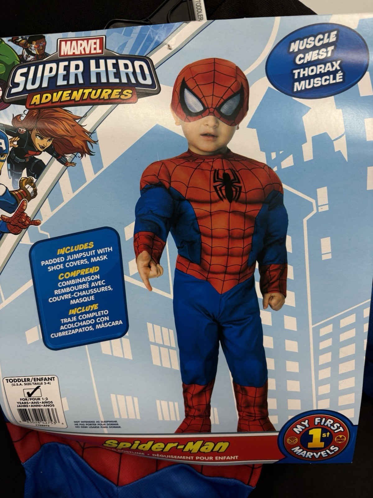 Spiderman Padded Jumpsuit W/Shoe Covers & Mask Toddler Size 2-4 Costume