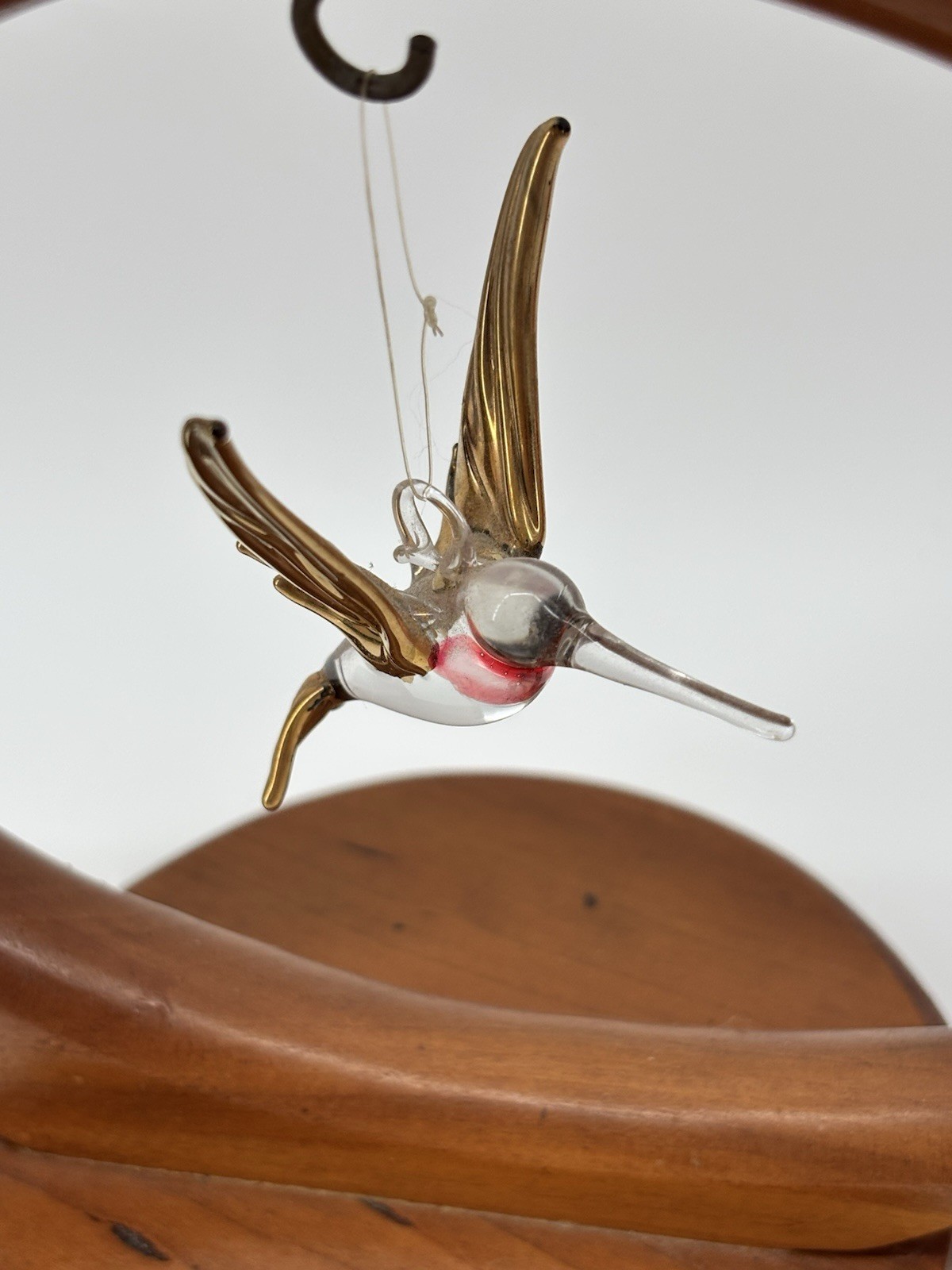 Vtg Wood Crescent Stand With Glass Hummingbird Moon Ornament Display Holder 7"