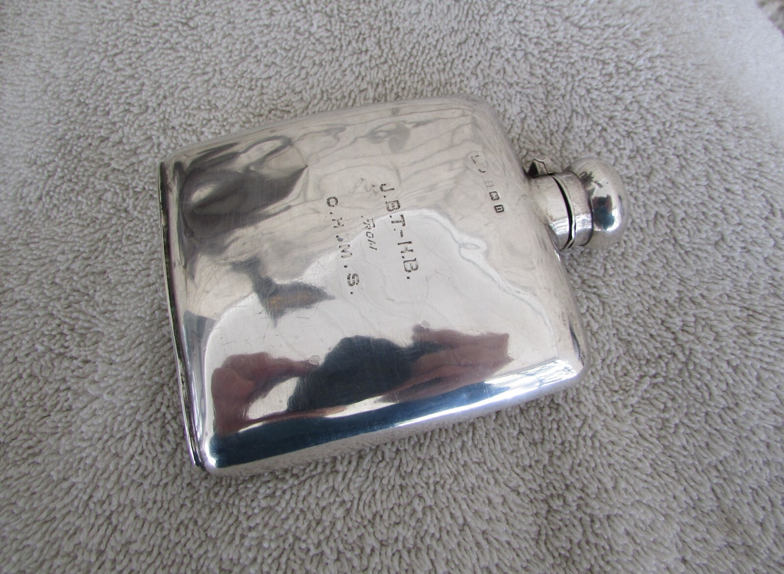 Vintage Sterling Silver 4x3 inch Hip Flask Engraved / has a Hallmark marking