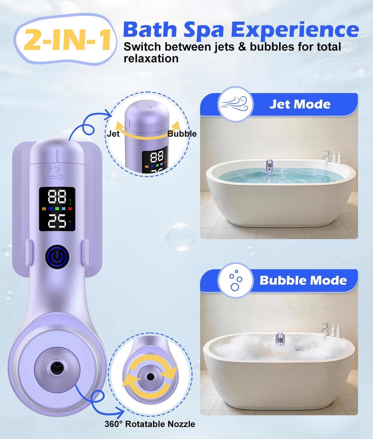 Bath Jet Spa for Tub, 10400mAh Rechargeable 5-Level Bathtub Jet with LED Display
