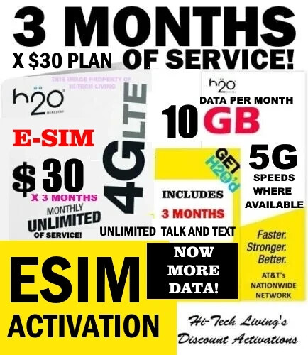 E-SIM H2O H20 WIRELESS ✅  ESIM ACTIVATION ⭐ 3 MONTHS x $30 Plan ⭐ UNLIMITED T/T