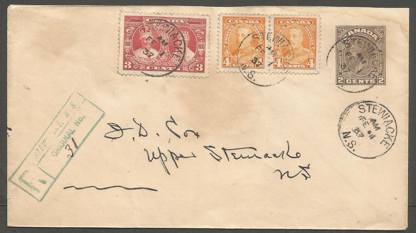1937 Registered Cover 13c GV/PSE RPO CDS Stewiacke to MOTO Upper Stewiacke NS