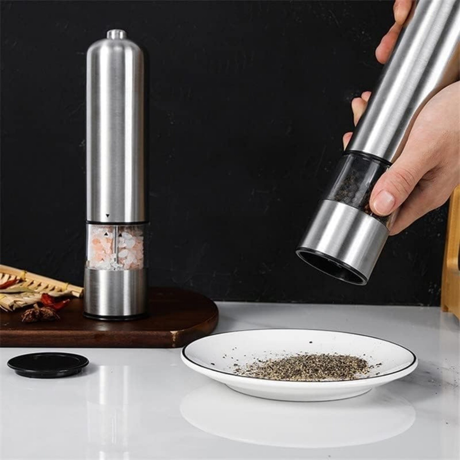 2PCS Electric Salt Pepper Grinder Mill Shakers Set Adjustable Stainless Steel