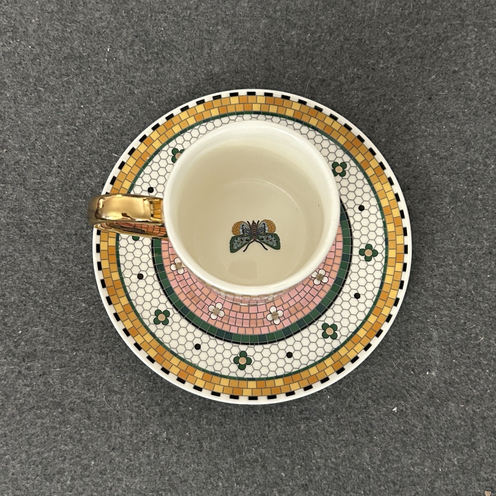 Anthropologie Bistro Tile Espresso Cup Saucer Set Pink Butterfly 24K Gold NEW