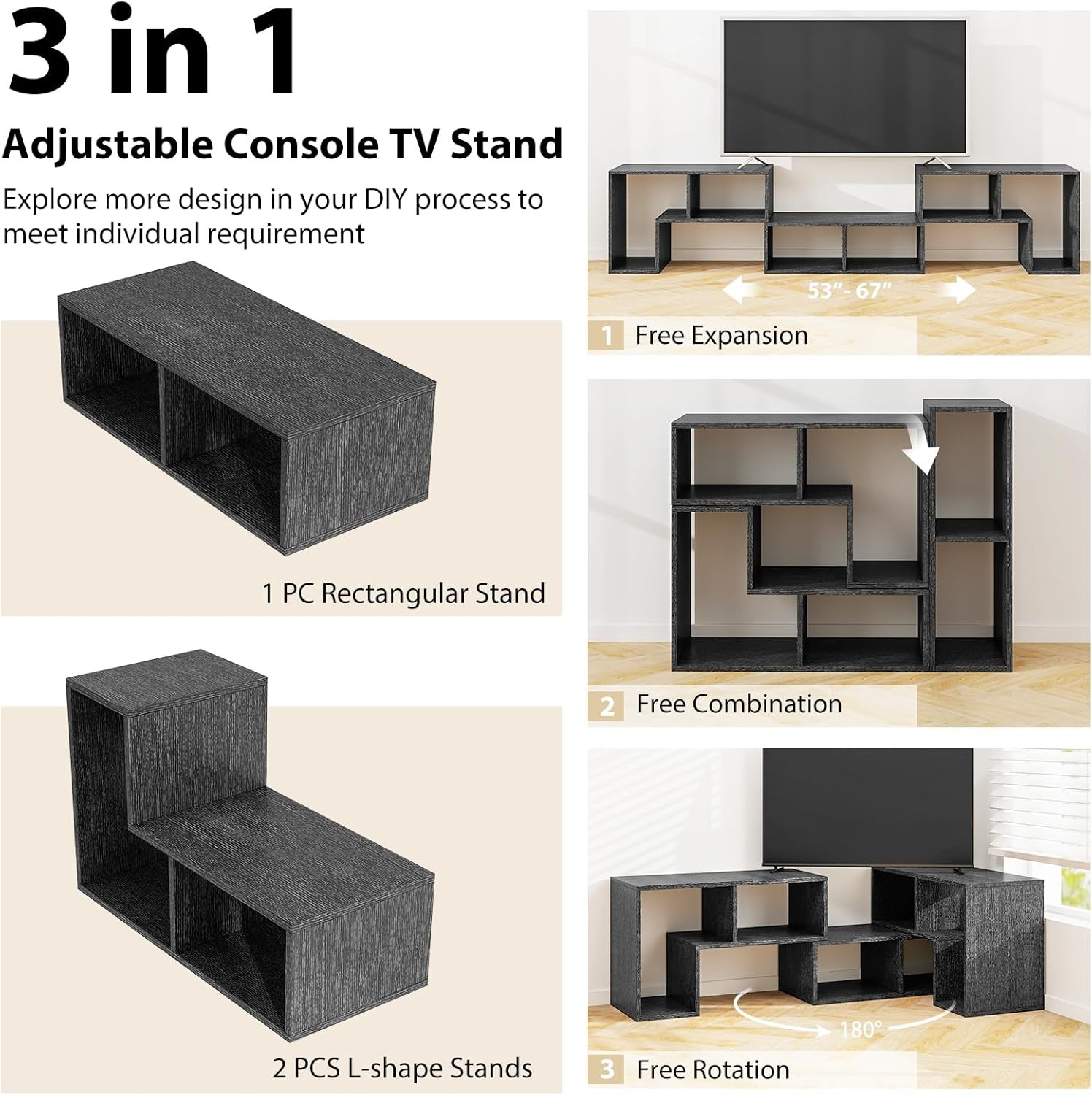 3 Piece Adjustable TV Stand Console Media Center for 50-65 Inch TV Black