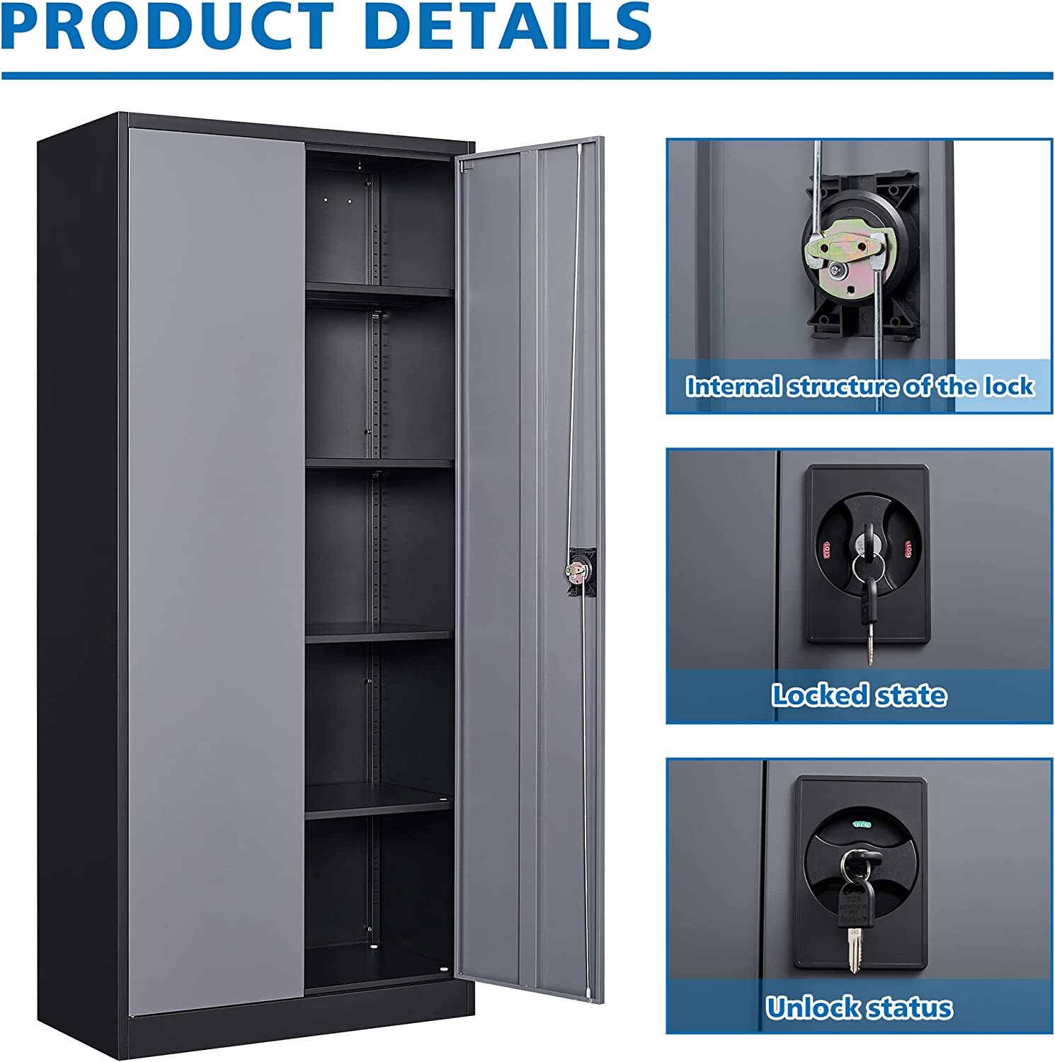 Metal Cabinet 4 Adjustable Shelves 71H Locking Garage Storage Cabinet with Doors