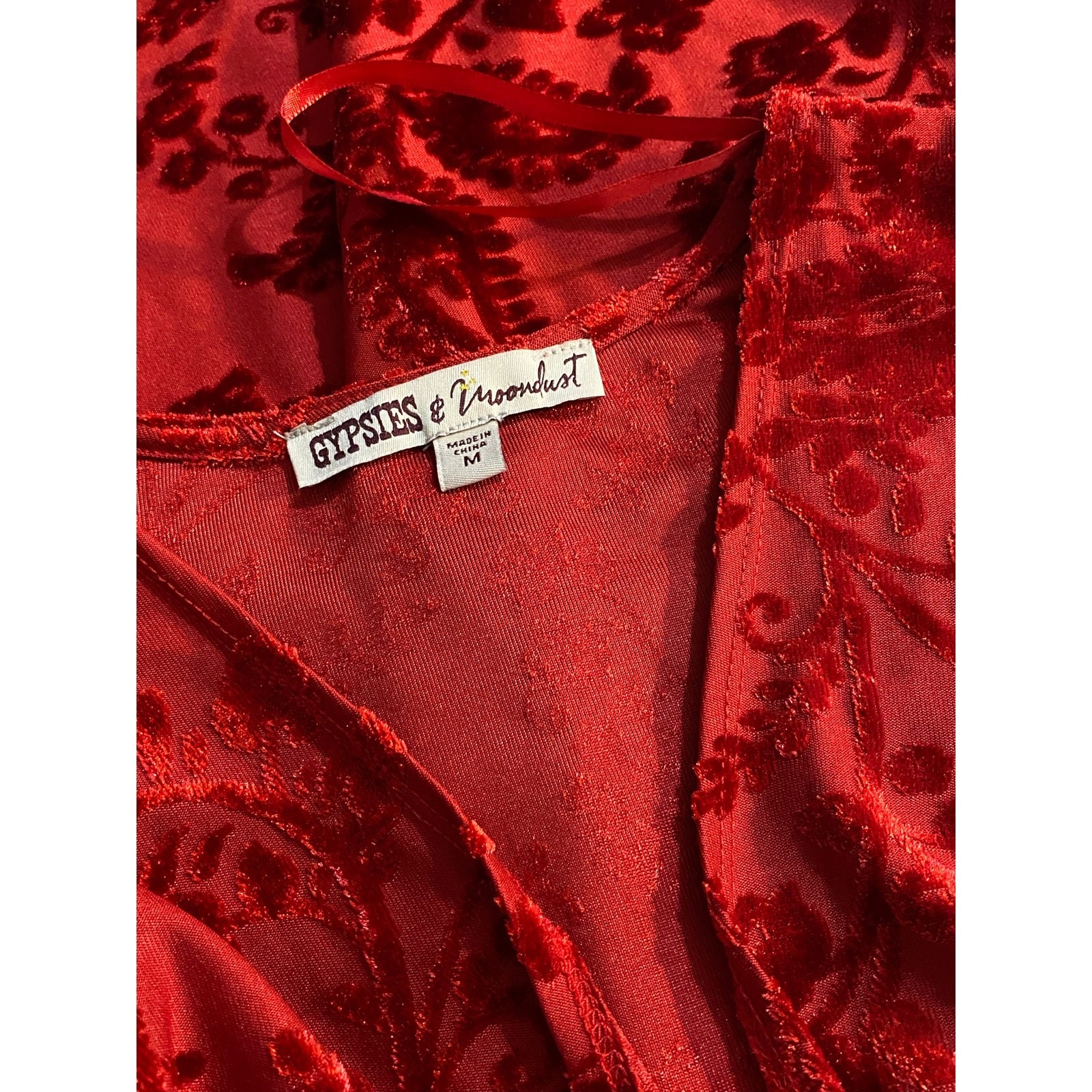 Gypsies & Moondust Red Velvet Burnout Kimono Black Fringe Medium