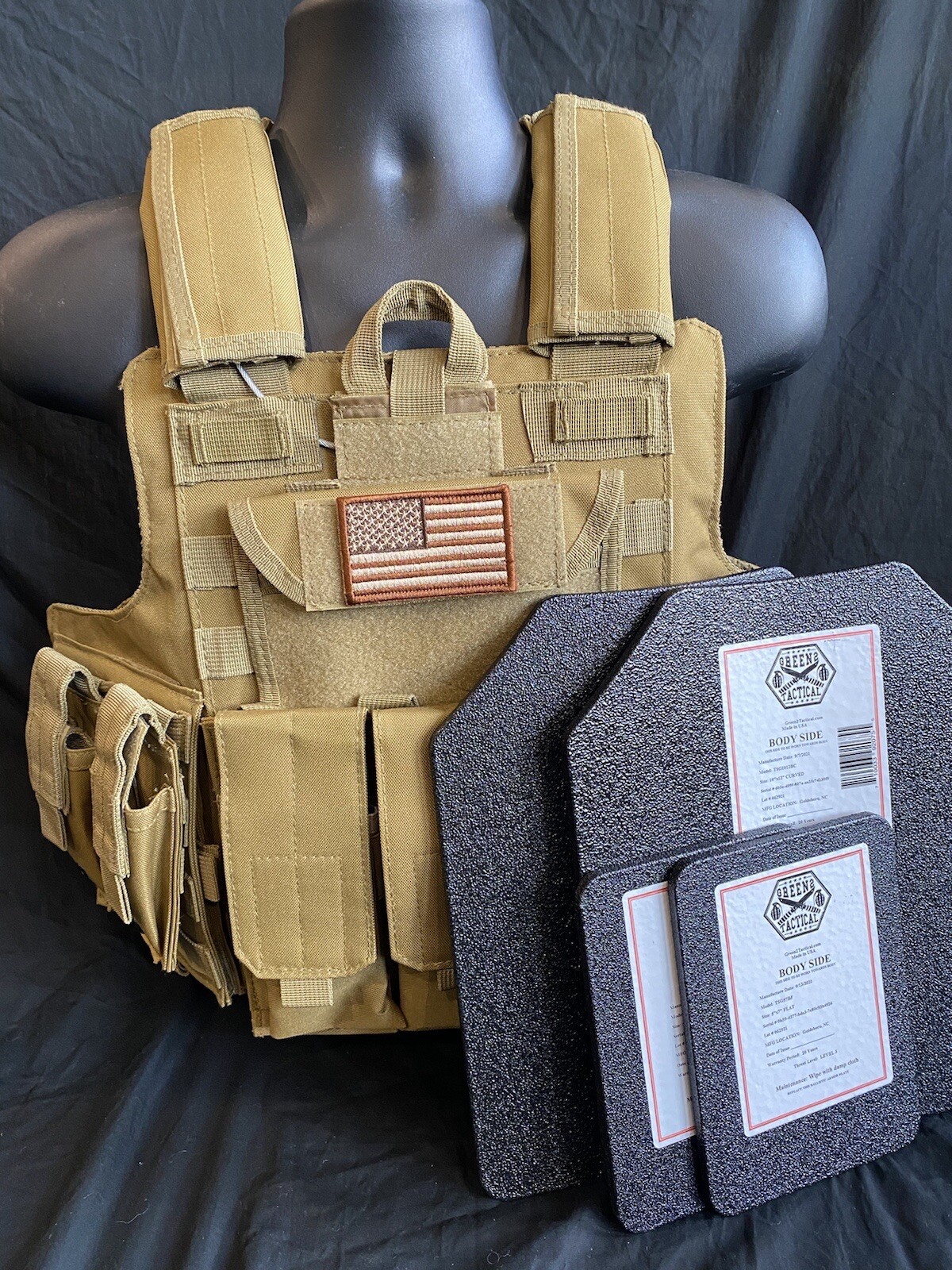 Coyote Tan FDE Tactical Vest Plate Carrier W/ Plates- 2 10x12 Front/back &Sides