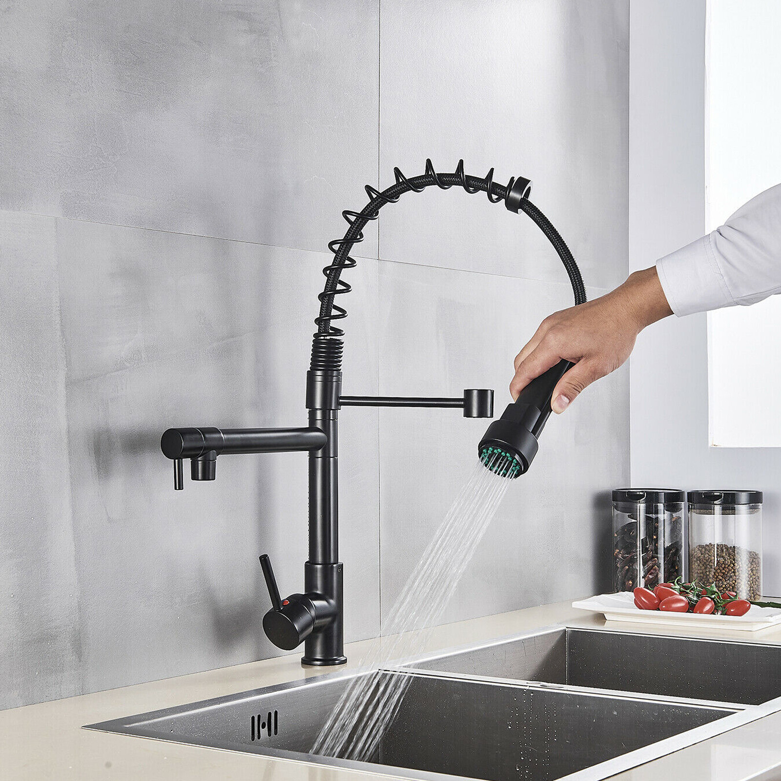 Matte Black Kitchen Faucet Pull Down Sprayer Swivel Single Handle Sink Mixer Tap