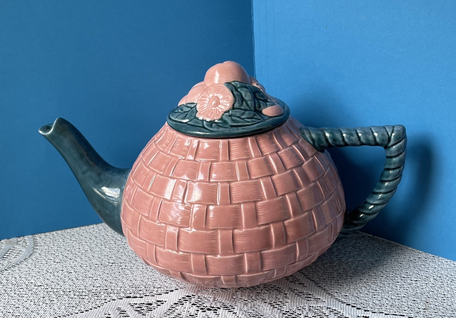 Ceramic Teapot Pink & Teal Basketweave Country Flare Cottagecore Signed Dated