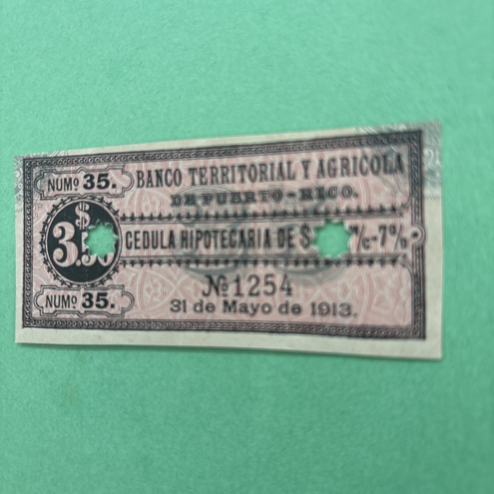 L@@K PUERTO RICO BANKNOTE $3.50 1900S- COLONIAL BANCO TERRITORIAL