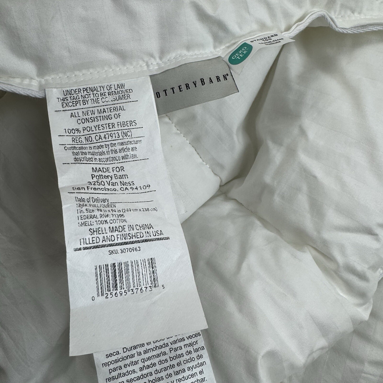 Pottery Barn Hydrocool Moisture Wicking Down Alternative Duvet Insert F/Q Read