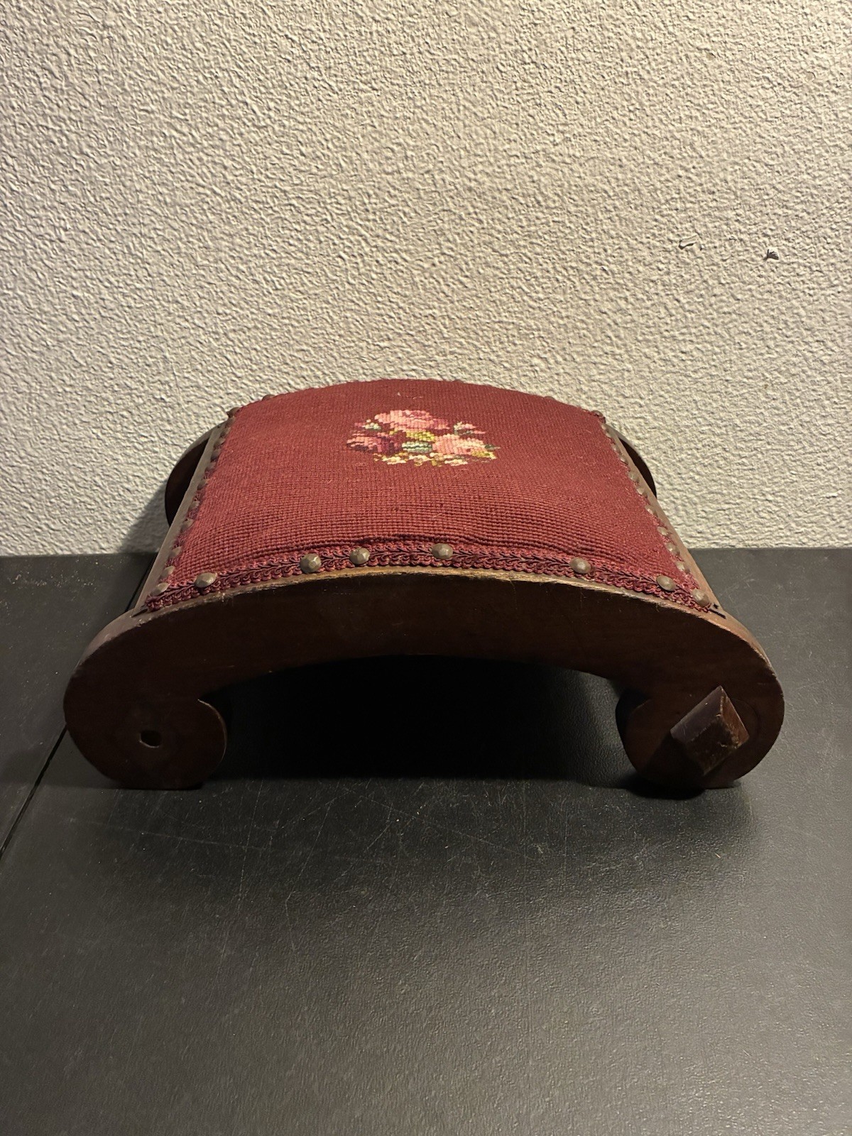 19th C. Antique Victorian Stud Accents Footstool Floral Needlepoint Carved Wood