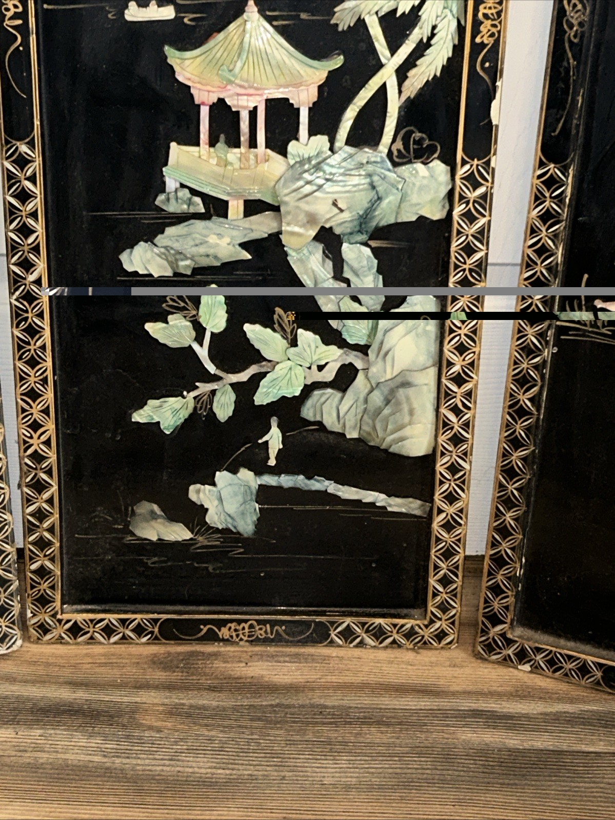 3 Vintage Laquered Asian With Mother of Pearl Panels 12”x 36” 2 Sets Available