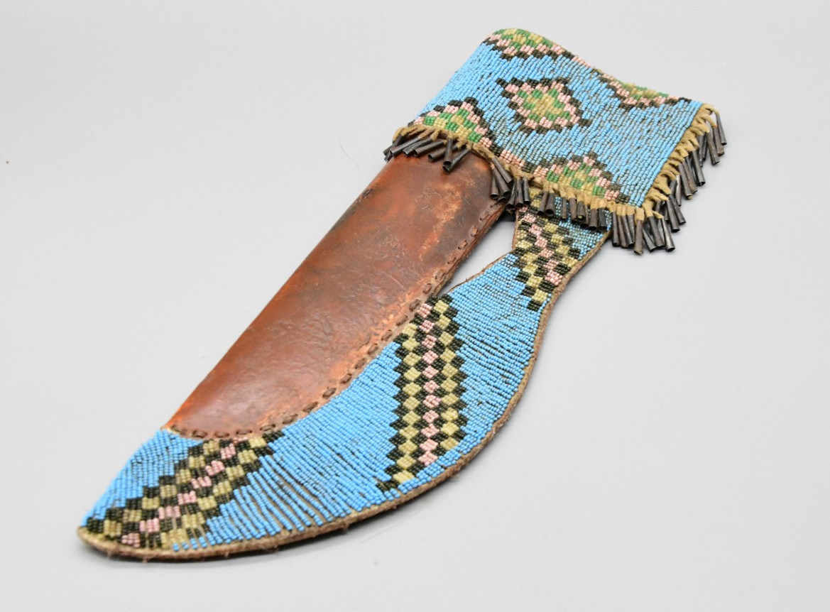 14" 1880s Blackfoot Knife Sheath Blue Beaded and Rawhide With Cones