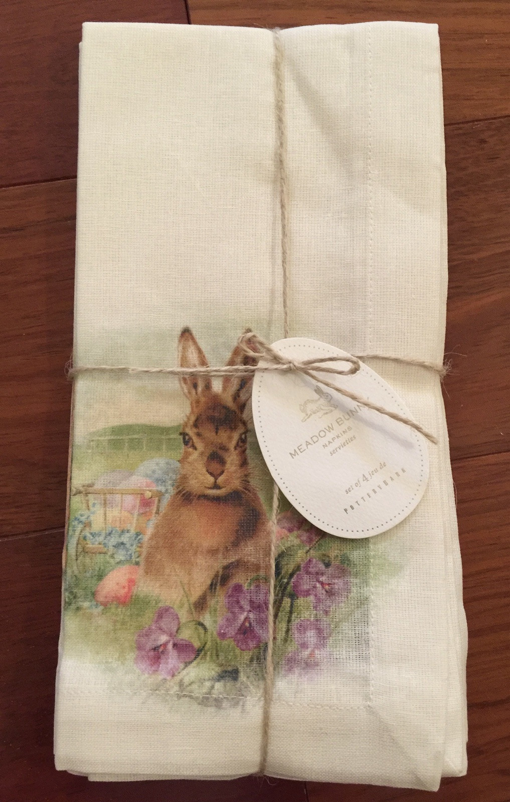 NWT S/4 Pottery Barn ~MEADOW BUNNY~ COTTON DINNER NAPKINS ~EASTER~ GARDEN FLOWER