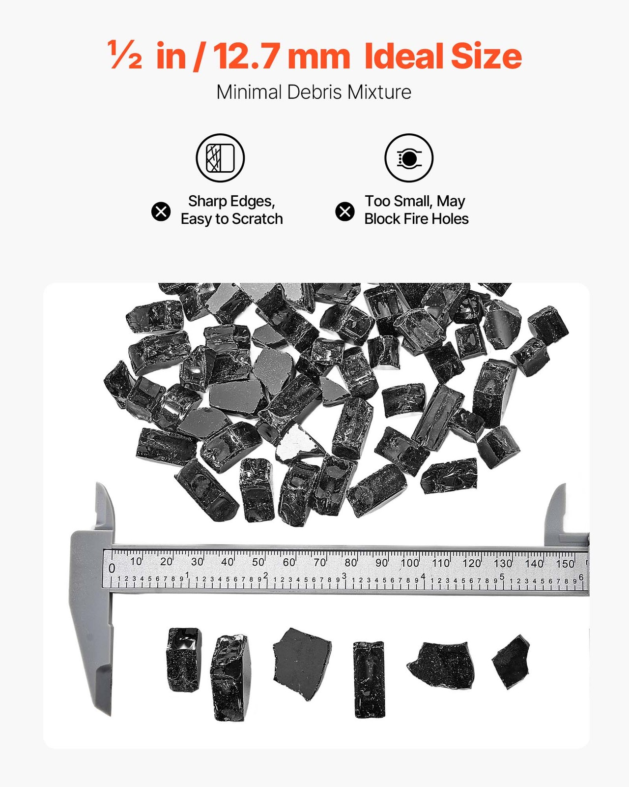 VEVOR 20 LBS Fire Glass 1/2-Inch Fireplace Glass Rocks for Fire Pit Table Black