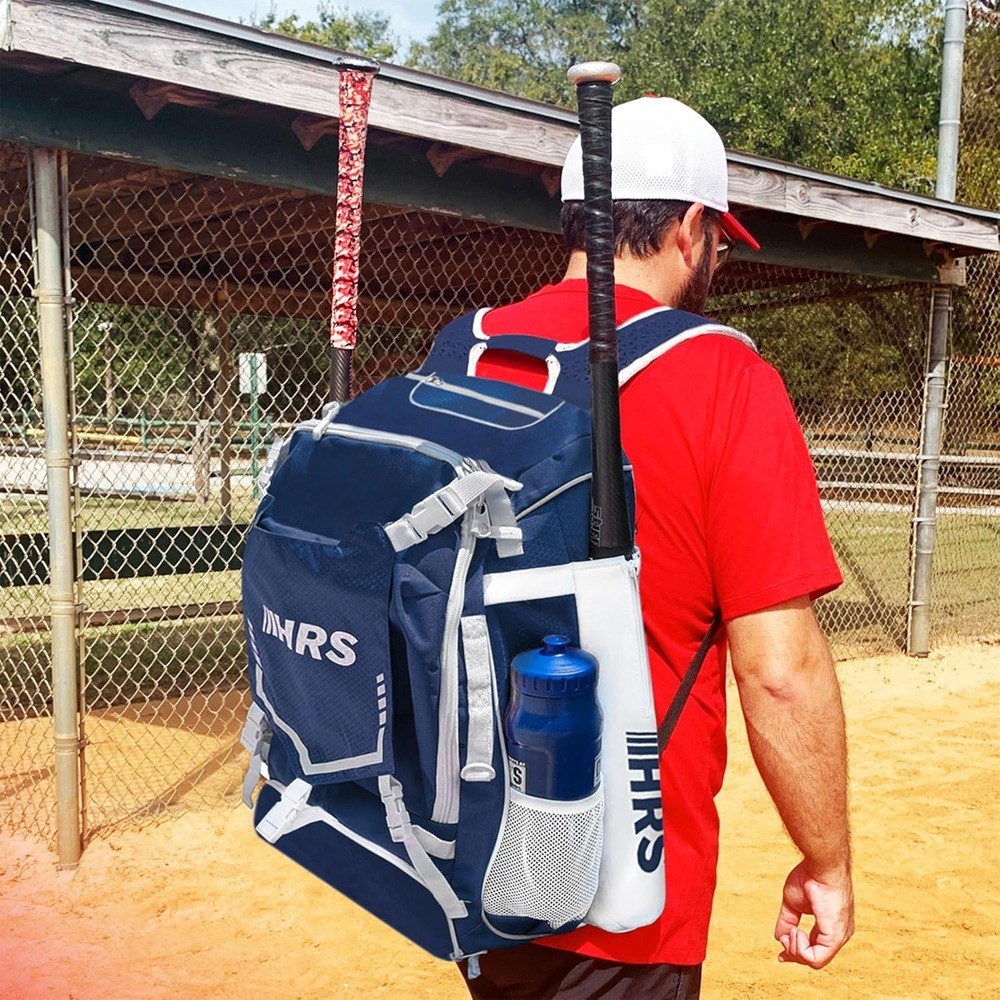Hit Run Steal Bat Bag Backpack Holds 4 Bats Gloves Helmet and Cleats Navy Blue