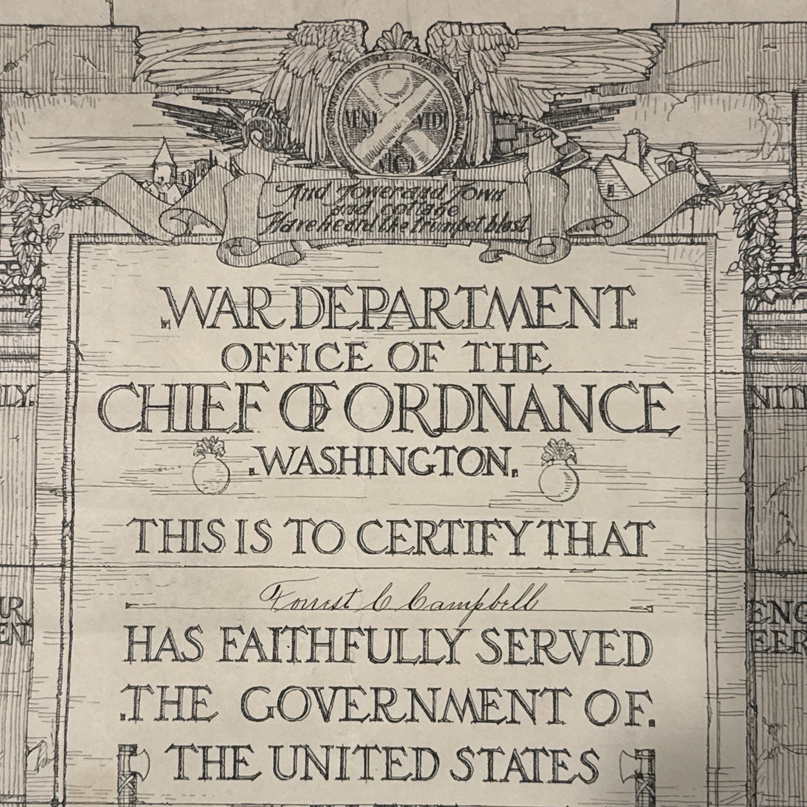 WWI US War Department Certificate of Service Forrest Campbell Chief of Ordnance
