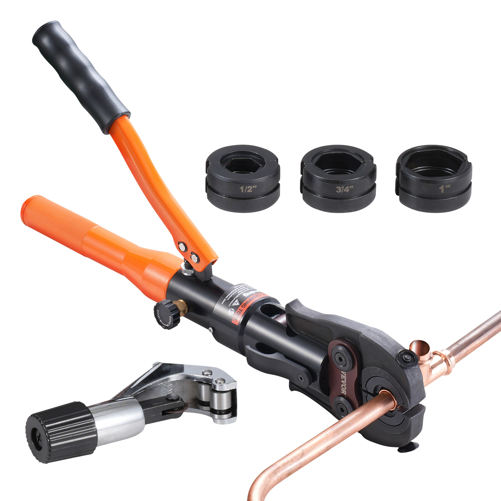 VEVOR Copper Tube Fittings Crimping Tool with 1/2" 3/4" 1" Jaws Pipe Cutter