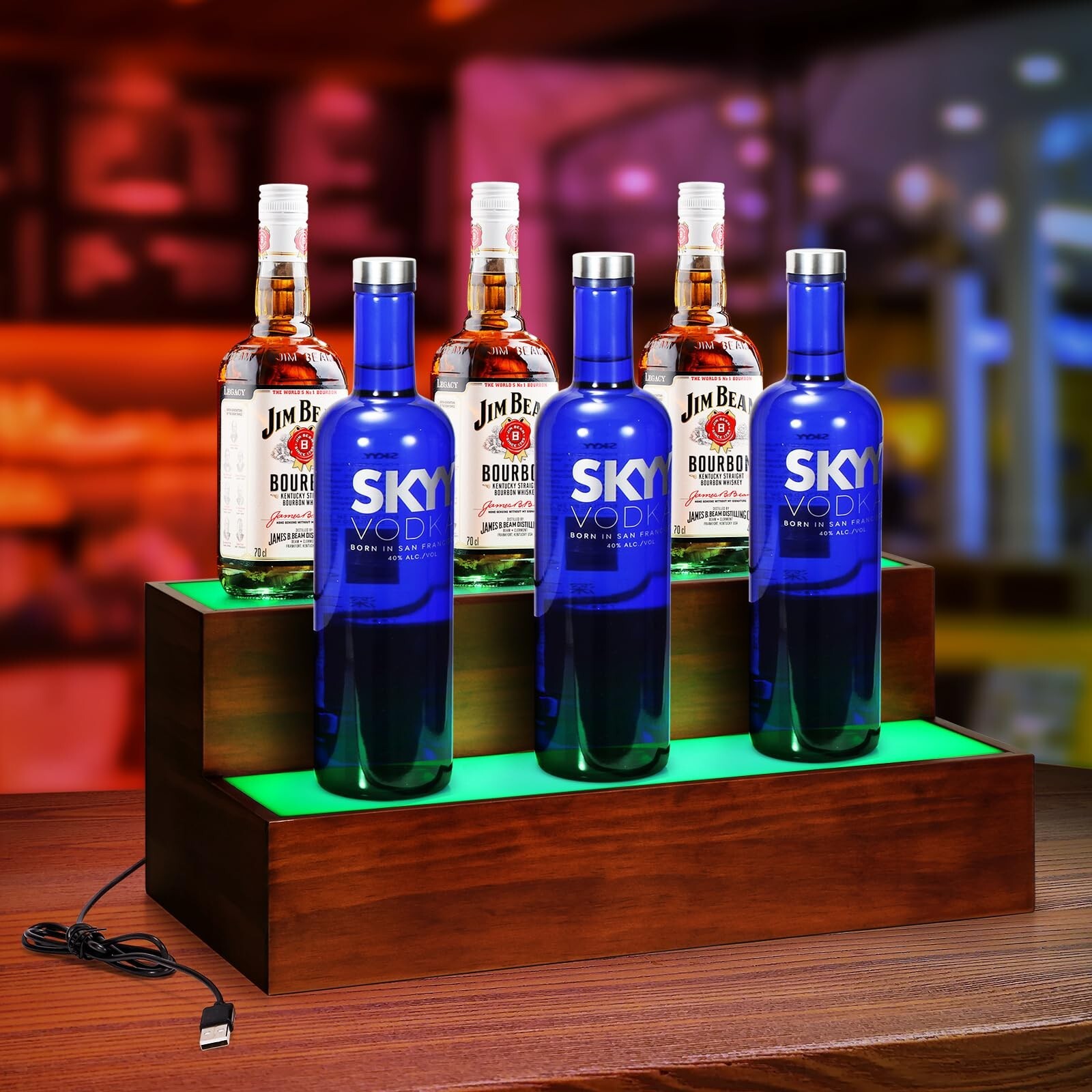 B4Life LED Lighted Liquor Bottle Display Shelf, 2 Tier 16 Inch LED Bar Shelve...