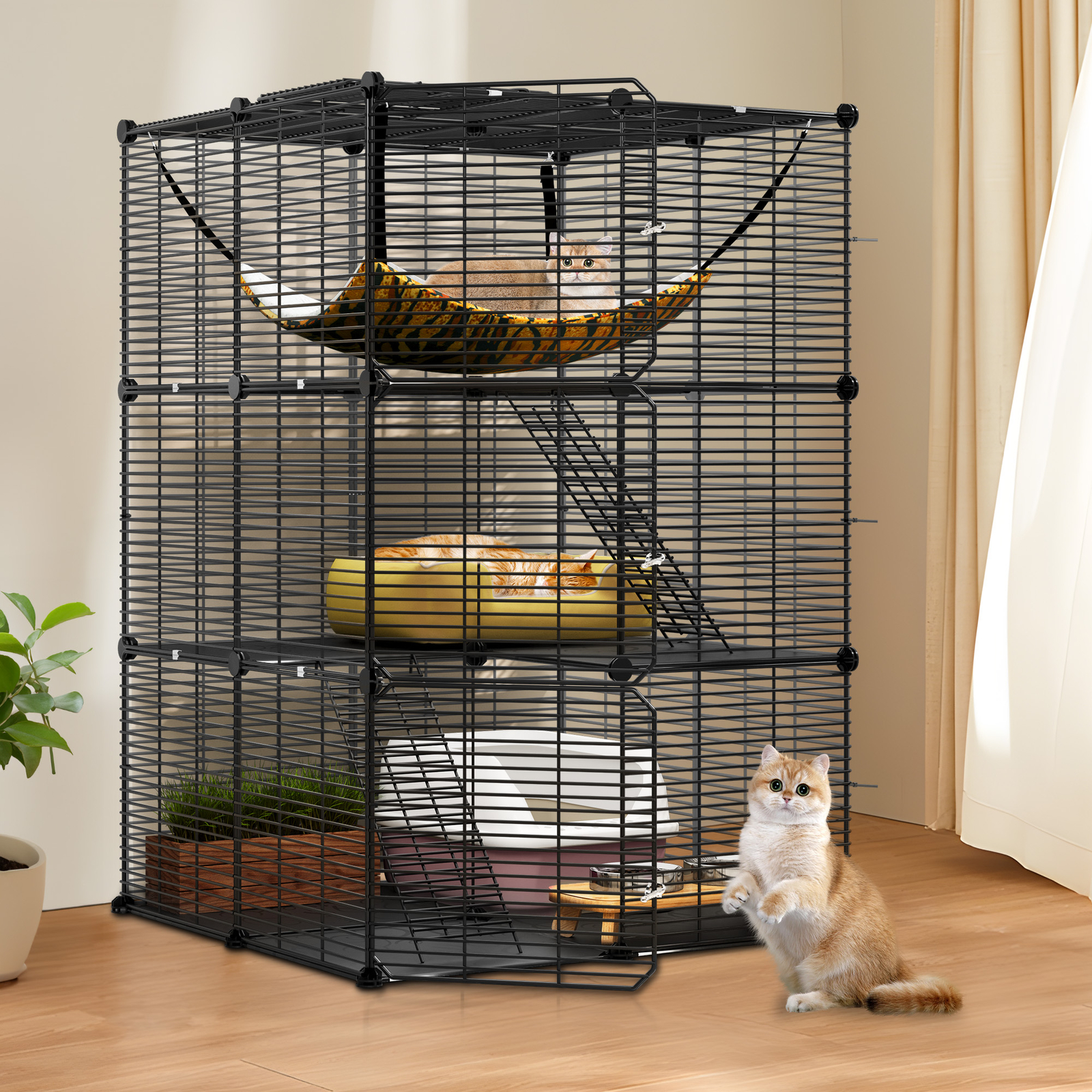 Cat Cage Indoor Cat Enclosures DIY Playpen Ferret Rabbit Metal Kennel w/ Hammock
