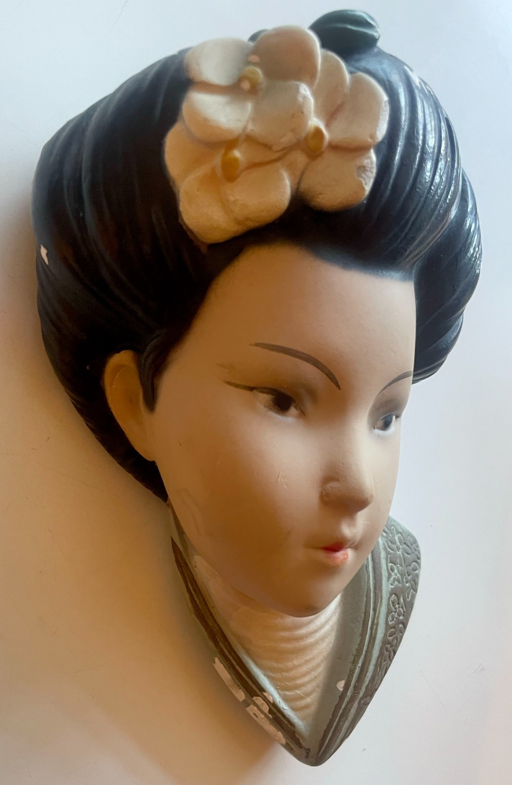 Vintage 50s Chalkware Geisha Head Asian Wall Art Hand Painted Girl