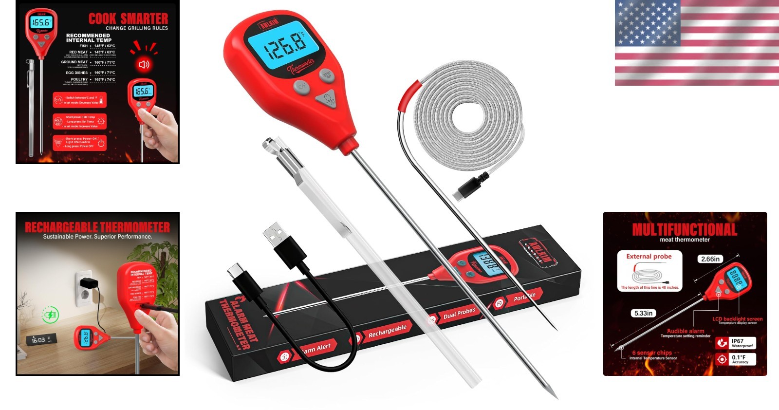 Rechargeable Digital Meat Thermometer with 3.3ft External Probe- Waterproof