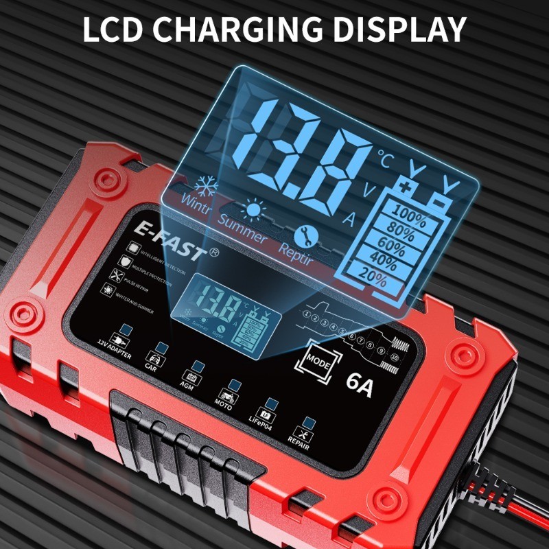 12V 6A Smart Battery Charger w/ Adapter Mode for AGM LiFePO4, Cars,Boat,Truck