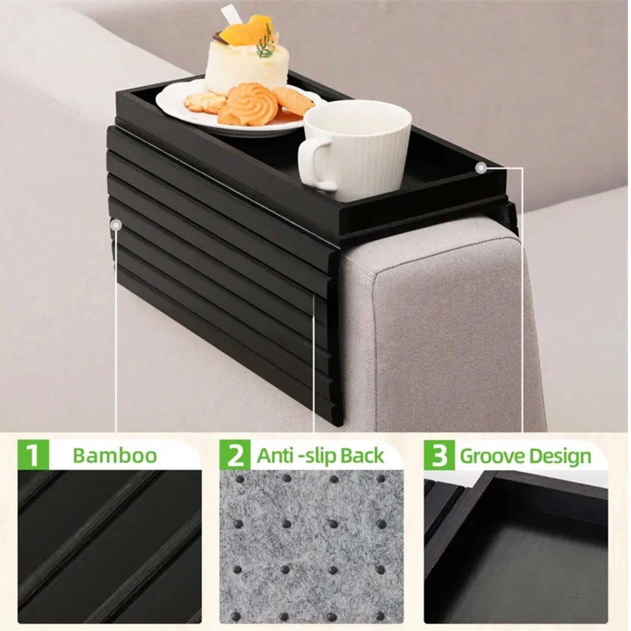 Sofa Arm Tray Anti-Slip Bamboo Sofa Tray Table for Couch,Couch Cup Holder