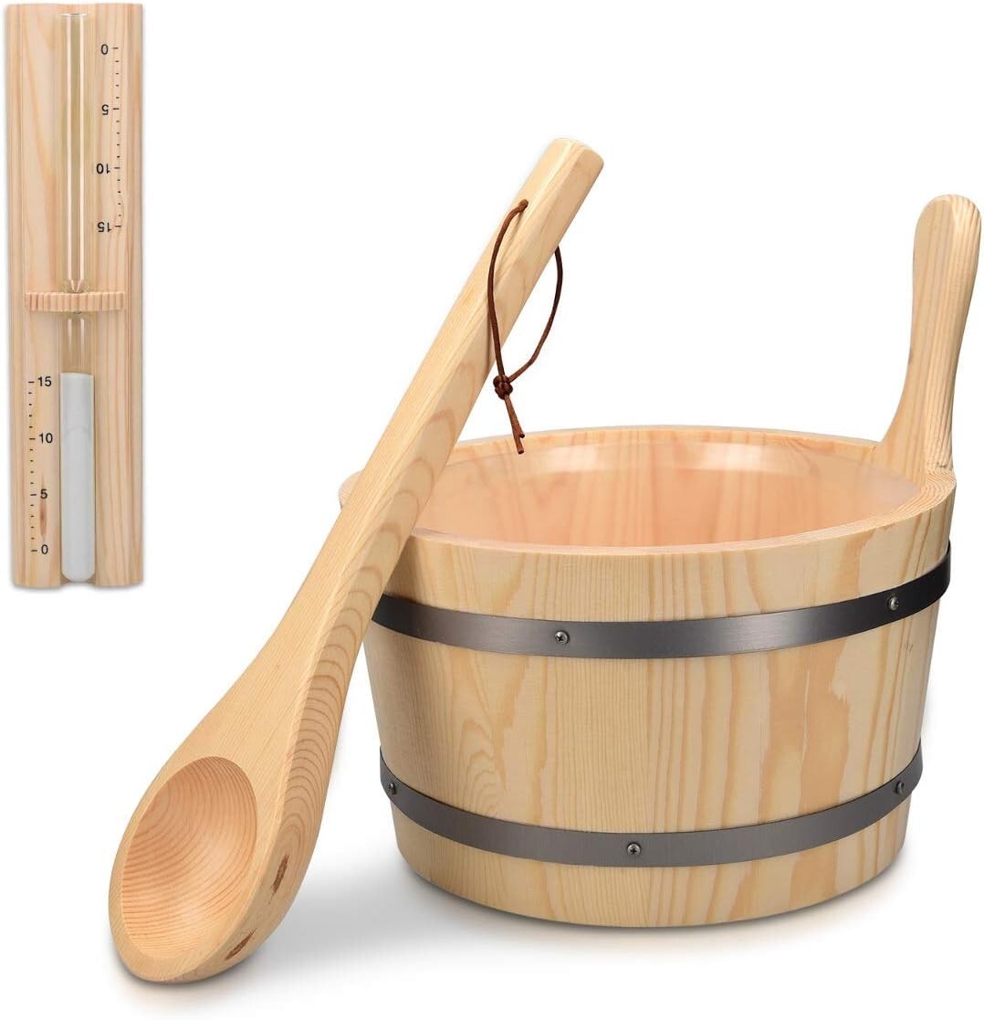 Luxury Sauna Accessory Set: Wooden Bucket, Ladle, and Sand Timer—1.3g Capacity