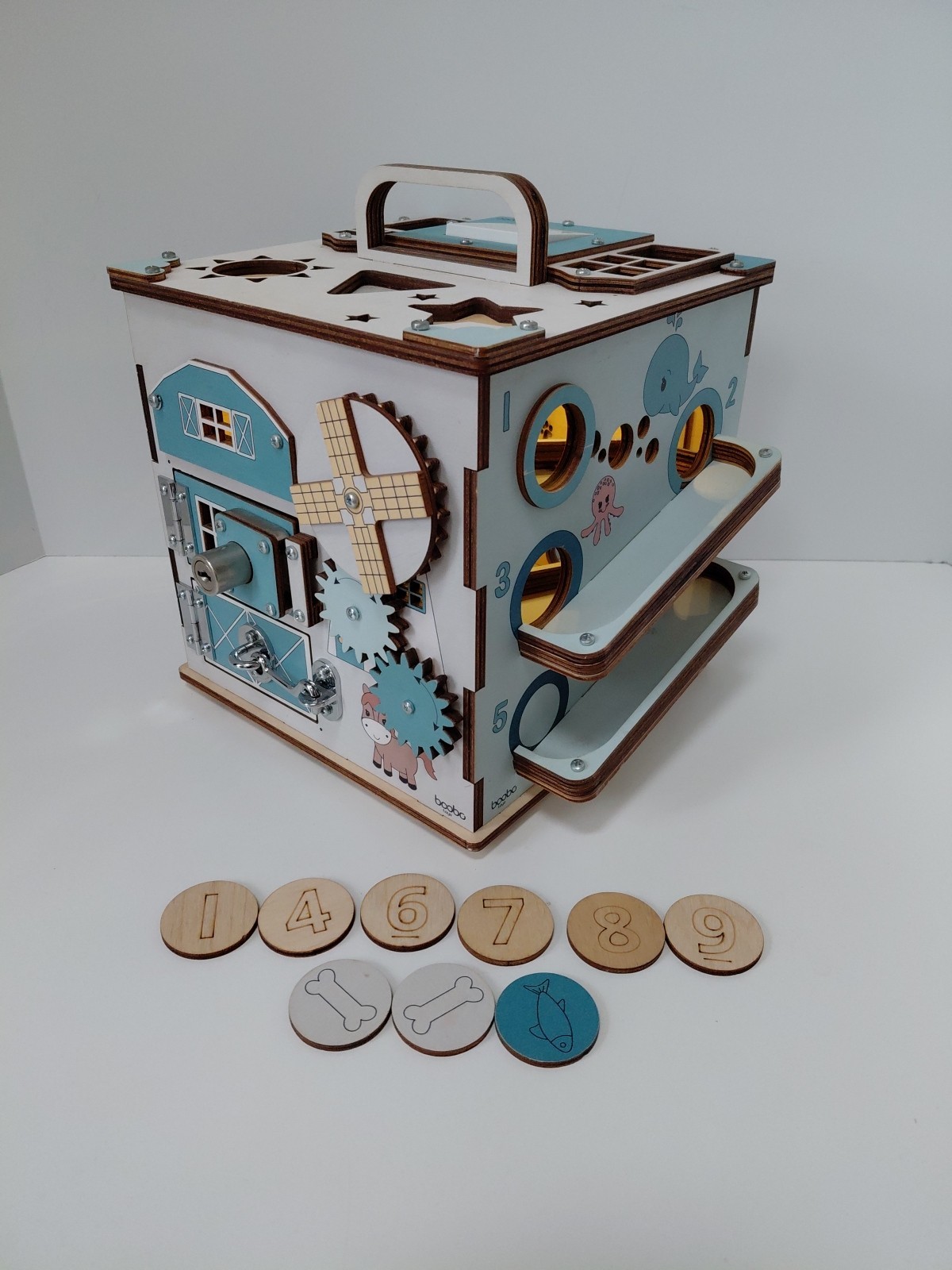 Boobo Toys Wooden Busy Development Activity Cube Blue Undertones Size Medium