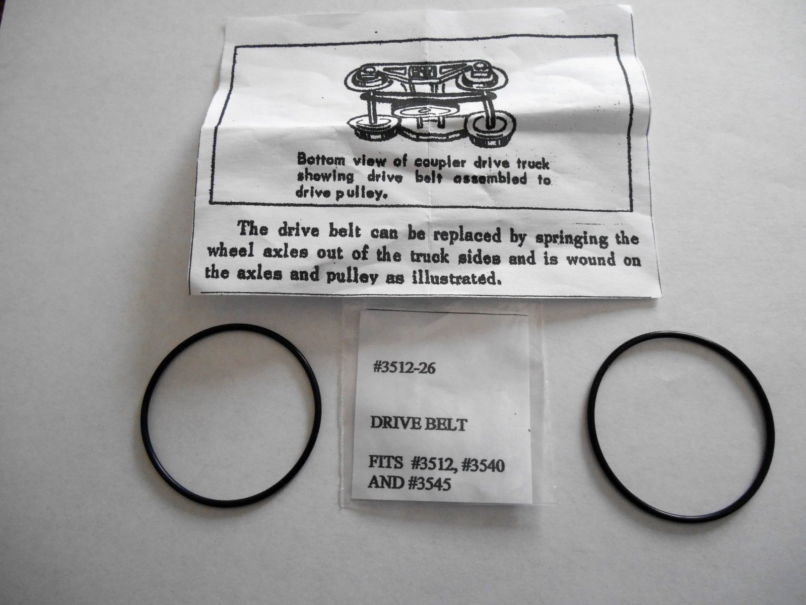 Lionel Drive Belts (2) NEW 3540 3512 3545, Radar Car, Fire Car, TV Car W/Inst's